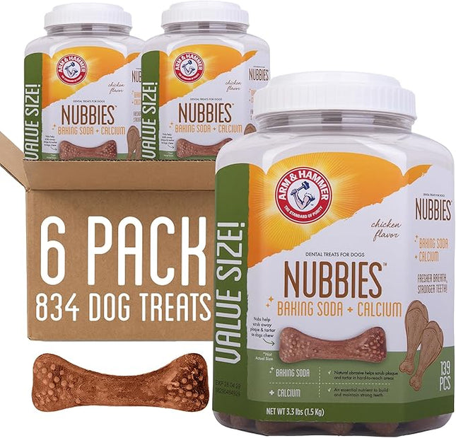 Arm & Hammer for Pets Nubbies Dental Treats for Dogs with Baking Soda and Calcium, Treat Chews Help Fight Bad Breath, Plaque & Tartar, Chicken, Value Bucket, 139 Pcs, 6-Pack (Packaging May Vary)