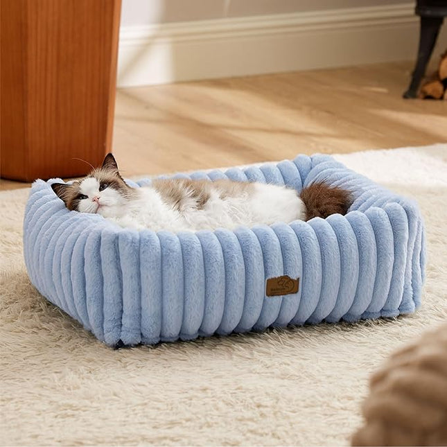 Bedsure Washable Dog Bed for Medium Dogs - Cute Furry Puppy Beds, Rectangle Orthopedic Corduroy Fleece Pet Beds with Removable Zipper Cover, 20x19x6inches, Blue