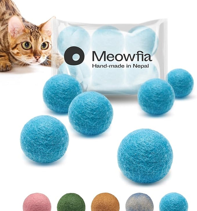 MEOWFIA Wool Ball Toys - 6-Pack of Safe for Cats and Small Dogs Balls - 1.5 Inch Felted Wool Cat Toy and Dog Toy - Perfect with Cat Cave - Silent - Mini Tennis Balls - (2in/Aquamarine)