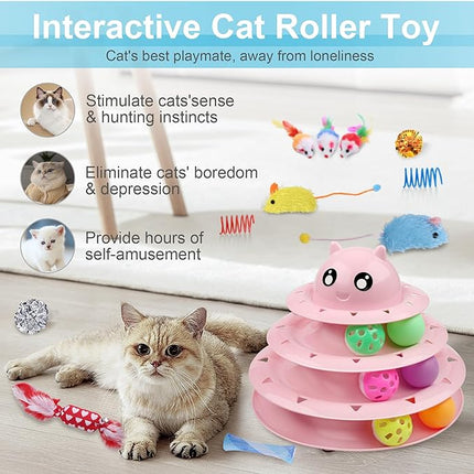 UPSKY 3-Level Turntable Kitten Toys Set - 24 PCS Interactive Cat Roller for Indoor Cats, Catnip, Teaser, Mice, Spring, and Various Ball Toys for Kitty