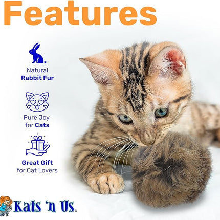 Kats'N Us 2 Inch Pack of 5 Real Rabbit Fur Jumbo Pom Pom Cat Toys – Natural Color Balls for Cats & Kittens – Interactive Prey-Like Toys for Indoor Chasing, Batting & Play.