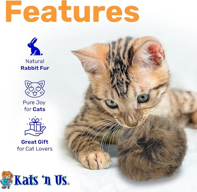 Kats'N Us 2 Inch Pack of 5 Real Rabbit Fur Jumbo Pom Pom Cat Toys – Natural Color Balls for Cats & Kittens – Interactive Prey-Like Toys for Indoor Chasing, Batting & Play.