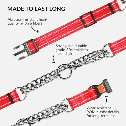 CollarDirect Martingale Dog Collar with Stainless Steel Chain and Quick Release Buckle - Reflective Collar for Large, Medium, Small Dogs - Red, Large (Neck Size 17"-22")