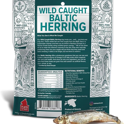 Plato Pet Treats Fish Dog Treats - Air-Dried, Single Ingredient Pet Treat - Omega 3 & 6 Fatty Acids to Support Skin and Coat - 100% Whole Fish - Wild Caught Baltic Herring - 3oz - 2 Pack