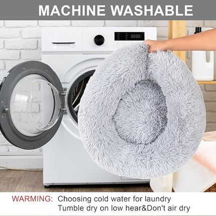 Dog Calming Beds for Small Medium Large Dogs - Round Donut Washable Puppy Dog Bed, Anti-Slip Faux Fur Fluffy Donut Cuddle Anxiety Cat Pet Bed(Light Grey 20")