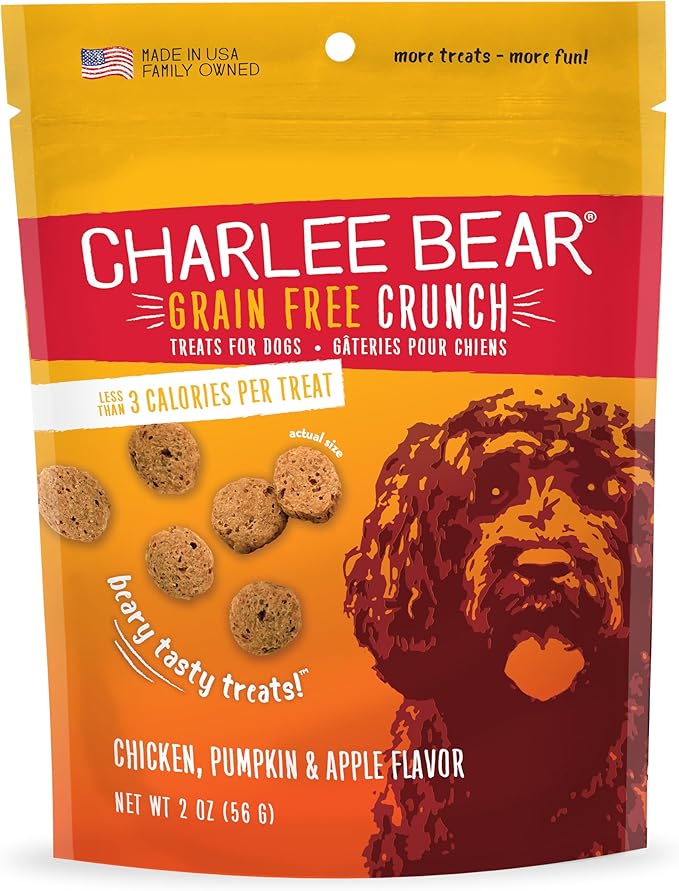 Charlee Bear Crunch Grain Free Dog Treats, Chicken, Pumpkin and Apple, 2 Ounce Resealable Bag, Low Calorie Training Treats for Dogs, Limited Ingredient, Healthy, Crunchy Dog Snacks, Made in USA
