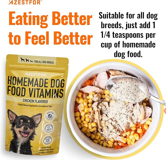 Azestfor Homemade Dog Food Supplement Dog Vitamins Made in USA Add to Holistic Whole Food Diets Raw BARF All Breeds Puppy Adult 16oz Powder