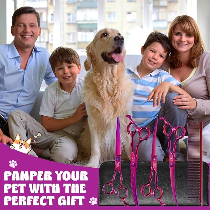 JASON Dog Grooming Scissors Set - Professional 6 in 1 Dog Shears Set - 7" Curved Thinner, 7" Straight, 7" Up-Curved, 7" Down-curved Scissors and Comb for Dog Cat Pet with Adjustable Screw