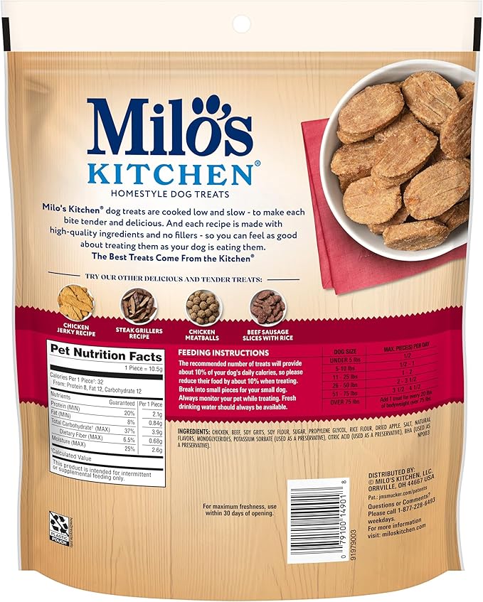 Milo's Kitchen Homestyle Dog Treats, Chicken & Apple Sausage Slices, 18 Ounce, High Protein, No Artificial Flavors