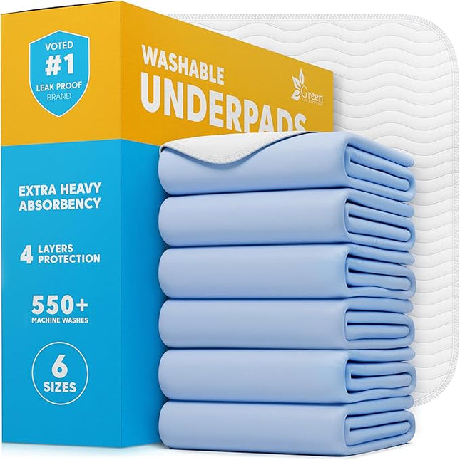 GREEN LIFESTYLE Washable Underpads - LARGE INCONTINENCE & Pet Pads, REUSABLE FOR Dogs, Cats, BUNNIES & Seniors (Pack of 6 - 34x36 INCHES)