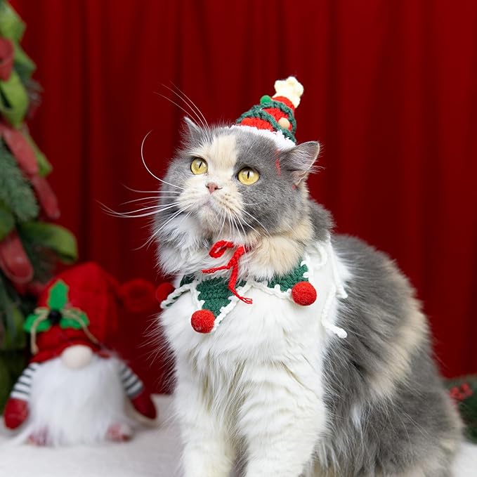 Christmas Cat Costume,Handmade Christmas Tree Dog Hat,Cat Outfit,Dog Costume,Adjustable Fit Five-Pointed Star Kitten Clothes,Pet Accessories for Party,Outgoing