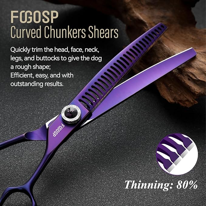 Professional Curved Chunkers Dog Grooming Scissors 7'' Curved Comb Thinning Shears for Dogs Pet 27 Teeth Japan VG10 Sharp and Smooth(7 Curve Chunker, Purpler)