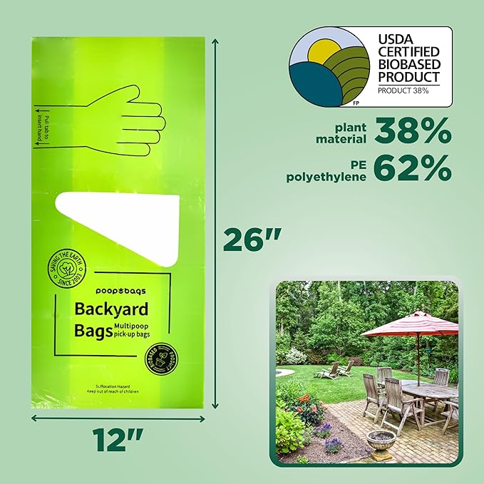 The Original Poop Bags® Backyard Arm-Slot Poop Bags – 38% Plant-Based Dog Waste Bags – Extra-Large 12x24" Bags with Built-In Arm Slot for Backyard Cleanups – Unscented (16 Count)