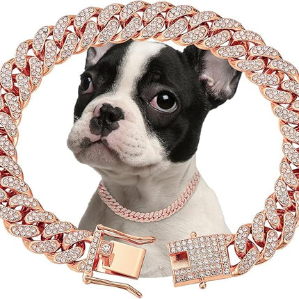 Rosegold Dog Chain Collar Diamond Cuban Link Dog Collar 13mm Wide Dog Necklace Metal Cat Chain Pet Crystal Collar Jewelry Accessories for Small Medium Large Dogs Cats(20inch)
