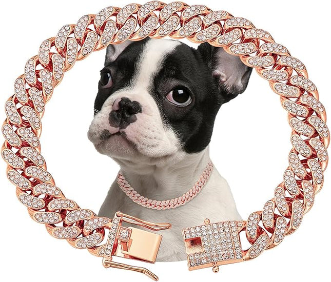 Rosegold Dog Chain Collar Diamond Cuban Link Dog Collar 13mm Wide Dog Necklace Metal Cat Chain Pet Crystal Collar Jewelry Accessories for Small Medium Large Dogs Cats(20inch)