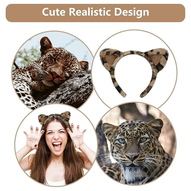 Beviliu Leopard Ears Headband Fluffy, Cheetah Print Cat Hairband for Women, Fuzzy Cheetah Ears Costume for Birthday Party Halloween Christmas Washing Makeup Cosplay