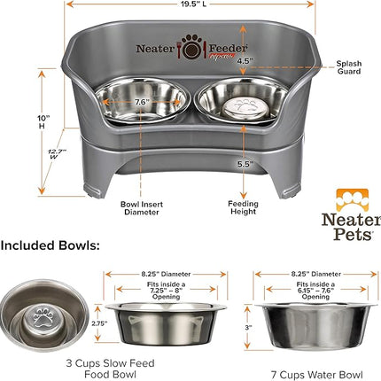 Neater Feeder - Express Model w/ Slow Feed Bowl - Mess-Proof Dog Bowls (M/L, Grey) Made in USA – Elevated, No Spill, Non-Tip, Non-Slip, Raised Stainless Steel Food/Water Pet Bowls Aid Digestion
