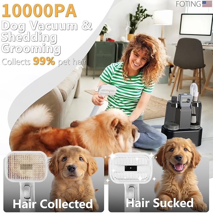 FOTING 6 in 1 Dog Grooming Vacuum & Dryer Kit, 2.1L Double Dust Cup Separator Design, Dogs Vacuums for Shedding Grooming, 10000pa Pet Grooming Vacuum for Dogs at Home