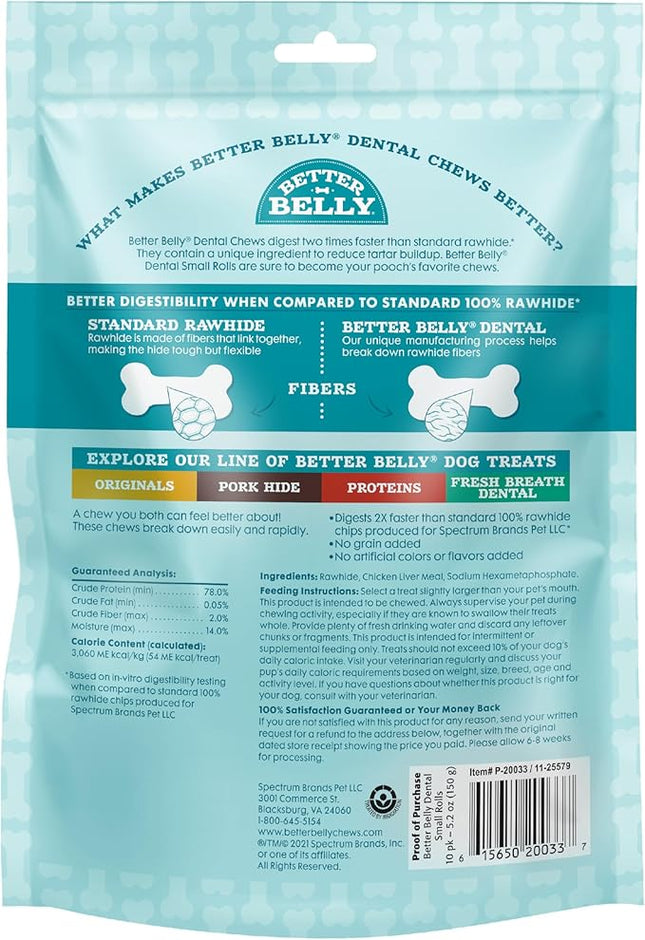 Better Belly Highly Digestible Rawhide Dental Chews, Treat Your Dog to a Chew with NO Artificial Colors or Flavors, 10 Count