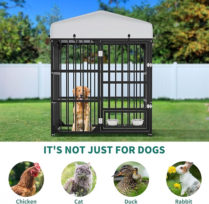 YITAHOME Outdoor Dog Enclosure with Rotating Feeder Bowls, 4'L x 4'W x 5'H Outside Dog Kennel with Roof, Heavy Duty Dog Cage for Small Medium Dogs