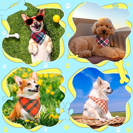 Honoson 6 Pieces Triangle Dog Bandana Dog Scarf Plaid Printing Adjustable Bibs Scarf Washable Square Kerchief Bandana Set for Small to Medium Puppy Cat(16.1 Inch,Green and Orange Button Style)