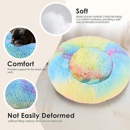 Dogs Bed for Small Dogs, Anti-Anxiety Washable Round Bed (Rainbow, 24.0" L x 24.0" W x 8.0" Th)