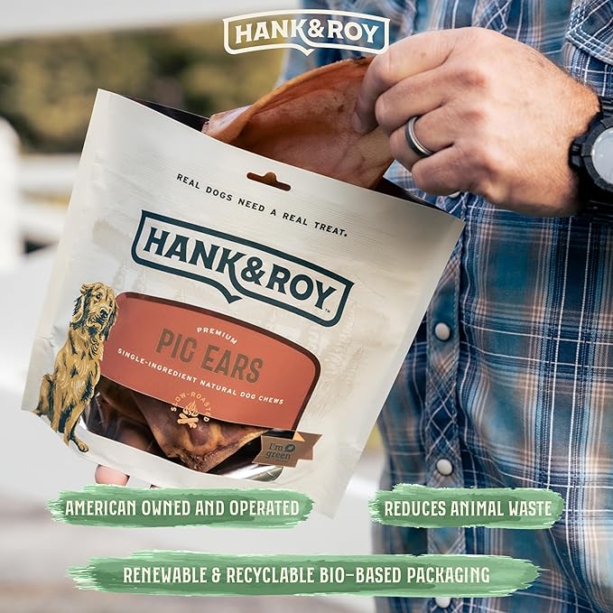 Hank & Roy Pig Ears for Dogs, All-Natural, Single-Ingredient, Long Lasting, Easily Digestible Whole Pig Ear Dog Treats, Antibiotic and Hormone Free, Individually Wrapped for Odor Control and Freshness