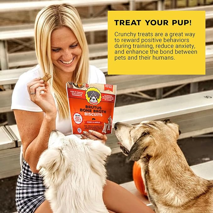 Brutus Bone Broth Biscuits (Pork and Apple) - Natural Dog Treats - Healthy Dog Biscuits with Real Pork, Bone Broth and Apple for Healthy Joints - 18 Grams of Protein - 8 OZ (Pack of 2)