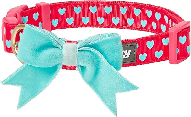 Blueberry Pet Adjustable Flocking Dog Collar for Large Dogs, Pink Girl Dog Collars with Detachable Velvety Bowtie, Heart in Lust Red, Spring Dog Collar for 18-26 Inch Neck