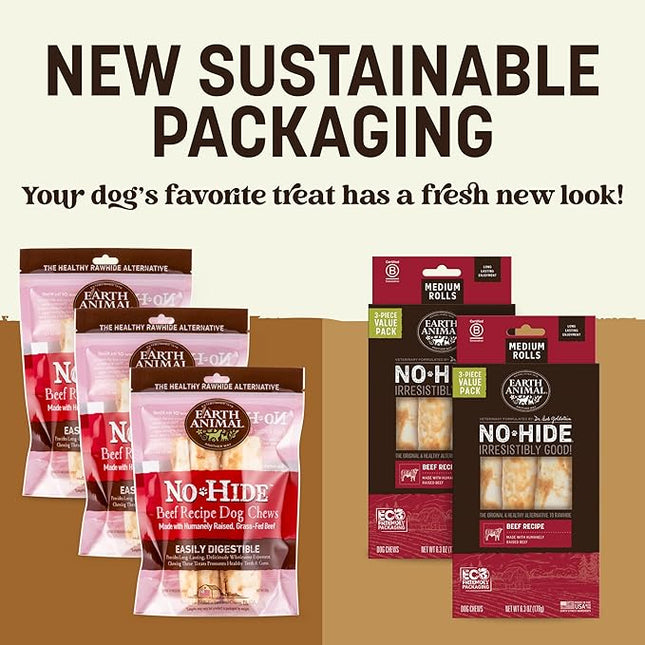 Earth Animal No Hide Chews - Long Lasting Rawhide Free Medium Dog Chews Rolls, Beef - 6 Count