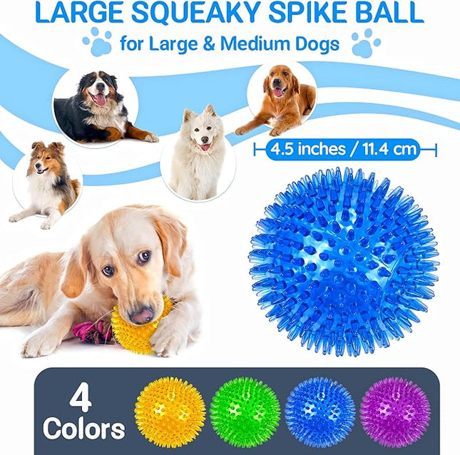 4-Pack Large Squeaky Dog Balls, 4.5" Rubber Spiky Dog Balls for Large Medium Aggressive Chewers Teeth Cleaning, Chew Toy for Training & Boredom Buster