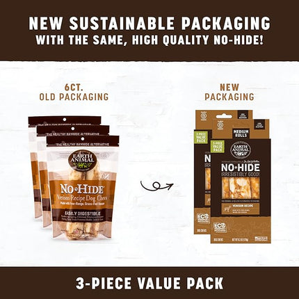 Earth Animal No Hide Chews - Long Lasting Rawhide Free Medium Dog Chews Rolls, Venison - 3 Count Value Pack