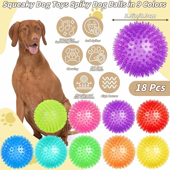 18 Pcs 3.5 in Squeaky Dog Toy Balls Dog Chew Toy for Teething Durable High Bounce TPR Fetch Spike Balls 9 Colors Water Toy for Small Medium Large Dog Aggressive Chewers Clean Teeth and Training