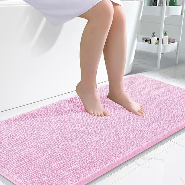 OLANLY Bathroom Rugs 47x24, Extra Soft Absorbent Chenille Bath Rugs, Rubber Backing Quick Dry, Machine Washable Bath Mats for Bathroom Floor, Tub and Shower, Home Decor Accessories, Pink