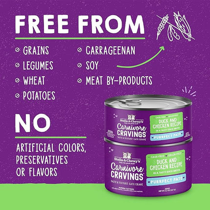 Stella & Chewy's Carnivore Cravings Purrfect Paté - Premium Grain-Free Wet Cat Food - Duck & Chicken Recipe - High Protein with Bone Broth - Perfect for Picky Eaters - 2.8oz Cans (24 Pack)