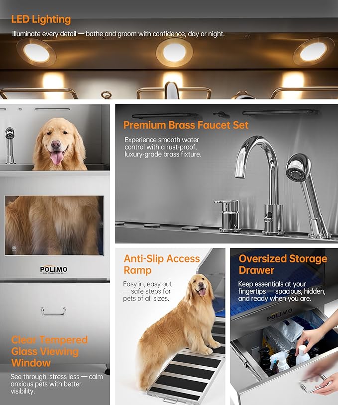 POLIMO Dog Washing Station, LED Professional Stainless Steel Dog Bathing Station 38", Dog Grooming Tub for Large, Medium & Small Dog - with Window, Ramp, Drawer, Floor Grate & Faucet (Left RAMP, 38")