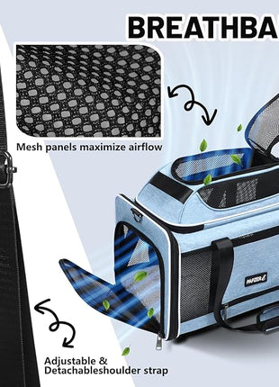 Cat Carrier Top-Expandable 18x11x11, United Delta American Airline Approved Dog Carrier, Soft Pet Carry-On Bag Underseat in Cabin, Puppy Air Travel Crate Kitten TSA Plane Carrying Case Blue