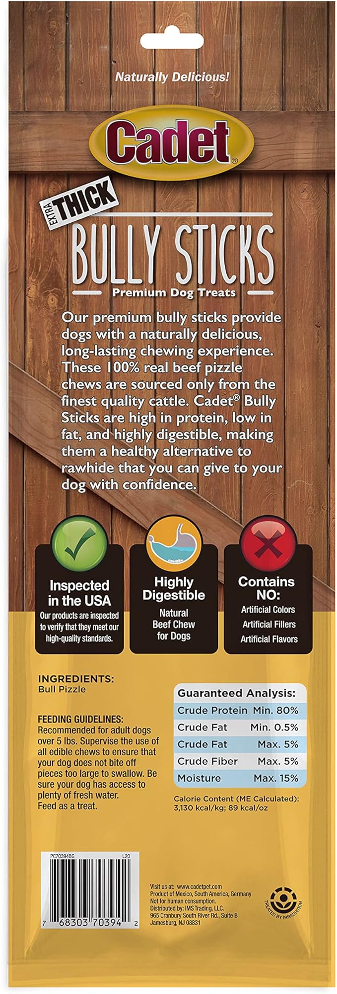 Cadet Bully Sticks for Large Dogs, All-Natural Beef Pizzle, Rawhide-Free Long-Lasting Dog Chews for Aggressive Chewers, Extra-Thick, 2 Count