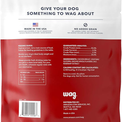 Amazon Brand – Wag Chewy Whole Muscle American Jerky Dog Treats – Chicken & Flaxseed (1 lb), Grain Free (Pack of 2)