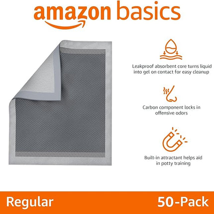 Amazon Basics Carbon Odor-Control Dog and Puppy Pee Pads, 5-Layer Leak-Proof Super Absorbent, Quick-Dry Surface, Potty Training, X-Large (28x34"), 50 Count, Gray