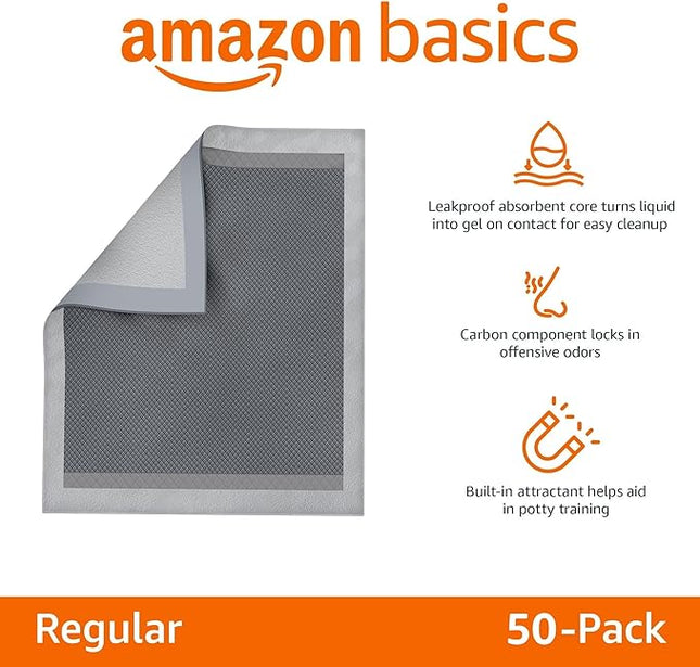 Amazon Basics Carbon Odor-Control Dog and Puppy Pee Pads, 5-Layer Leak-Proof Super Absorbent, Quick-Dry Surface, Potty Training, X-Large (28x34"), 50 Count, Gray