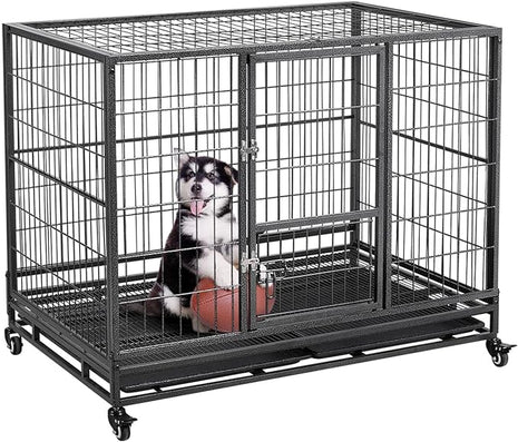 Yaheetech Dog Crate 43-inch Heavy Duty Metal Dog Cage Collapsible Open Top Pet Kennel w/Double Doors & Prevent Escape Locks/Lockable Wheels/Double Tray Indoor Outdoor, Black