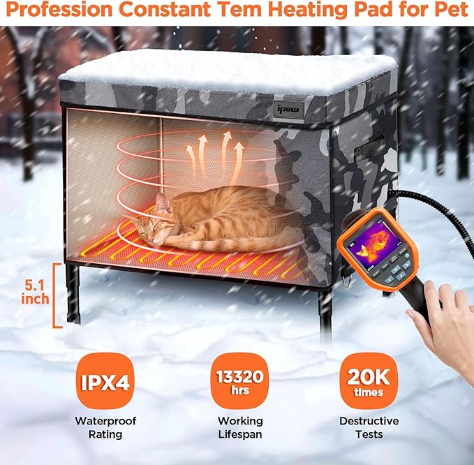 IPOW Extra Large Heated Cat House for Outside 6 Layers Ultra Sturdy Cat Houses for Outdoor Cats, 100% Waterproof with 900D Oxford Fabric & Fully Insulated Weatherproof Heated Plush Pad