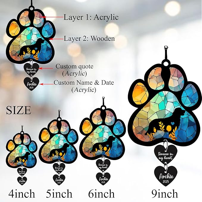 LOVELYPOD Personalized Dog Memorial Suncatcher, Custom Pet Memorial Gifts for Loss of Dog, SunCatcher Gift for Someone Who Lost A Pet, Stained Glass Acrylic Sympathy, Hanging Garden Decor with Paw