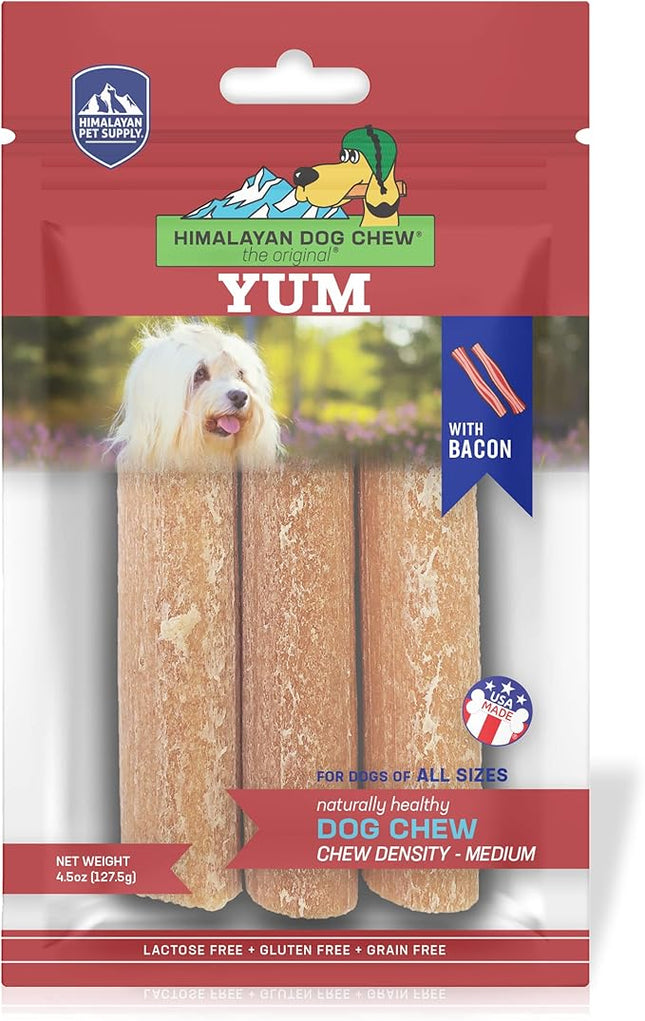Himalayan Dog Chew Yak Cheese Dog Chews, Lactose Free & Grain Free, USA Made, For All Dog Breeds, Medium Density Cheese Chew, Resealable Pouch with 3 YUM Treats, Bacon Flavor