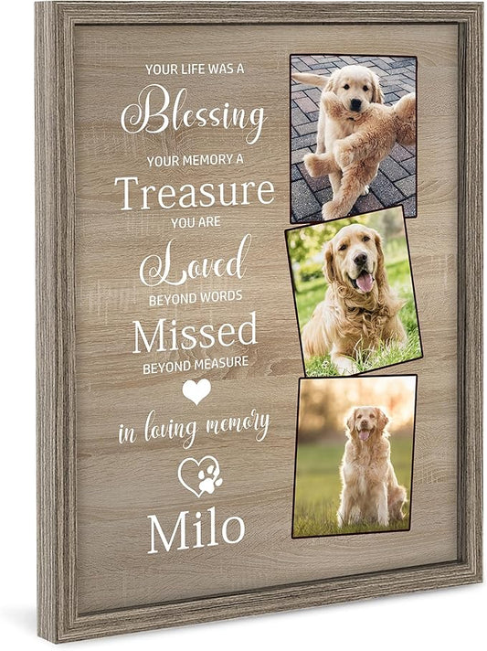 Custom Dog Memorial Gifts, Dog Memorial Canvas Framed with Photo, Personalized Paw Prints with Name and Text, Dog Loss Sympathy Ornament Gift for Dog Cat Lover Owners