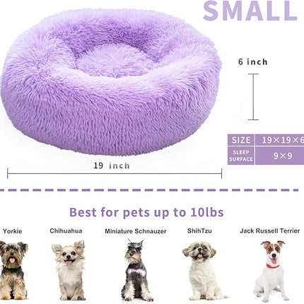 Purple Dog Bed for Small Dogs 19 Inch Donut Cuddler Plush Cat Calming Bed Machine Washable, Non-Slip Fluffy for Joint-Relief and Sleep Improvement