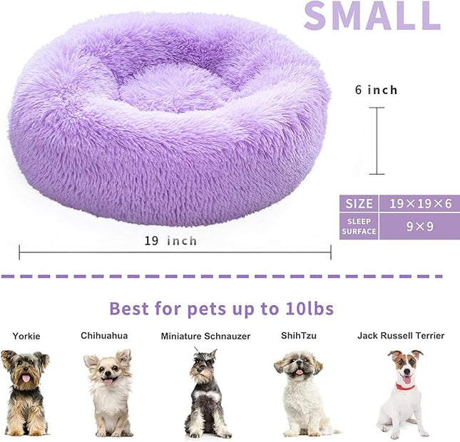 Purple Dog Bed for Small Dogs 19 Inch Donut Cuddler Plush Cat Calming Bed Machine Washable, Non-Slip Fluffy for Joint-Relief and Sleep Improvement