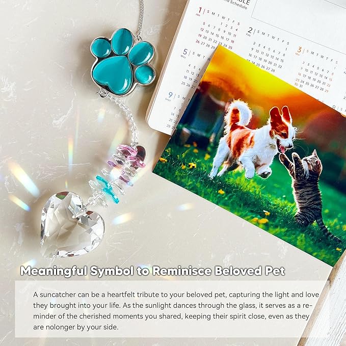 Pet Memorial Suncatcher - Dog Memorial Gifts, Pet Loss Sympathy, Thoughtful Dogs and Cats Bereavement Remembrance Gifts, Natural Cat's Eye Paw Crystal Suncatcher(Peacock Blue)