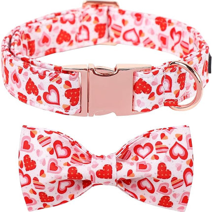 Maca Bates Valentine's Day Dog Collar with Fancy Bow for Large Girl Boy Dogs,Love Pink Hearts Pattern,Adjustable Durable Soft Valentine Gift for Female Male Puppy